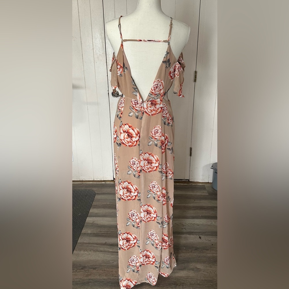 Forever 21 Floral Nude Maxi Neutral Slit Dress Long Cut Out Ruffle Off Shoulder - Picture 9 of 9